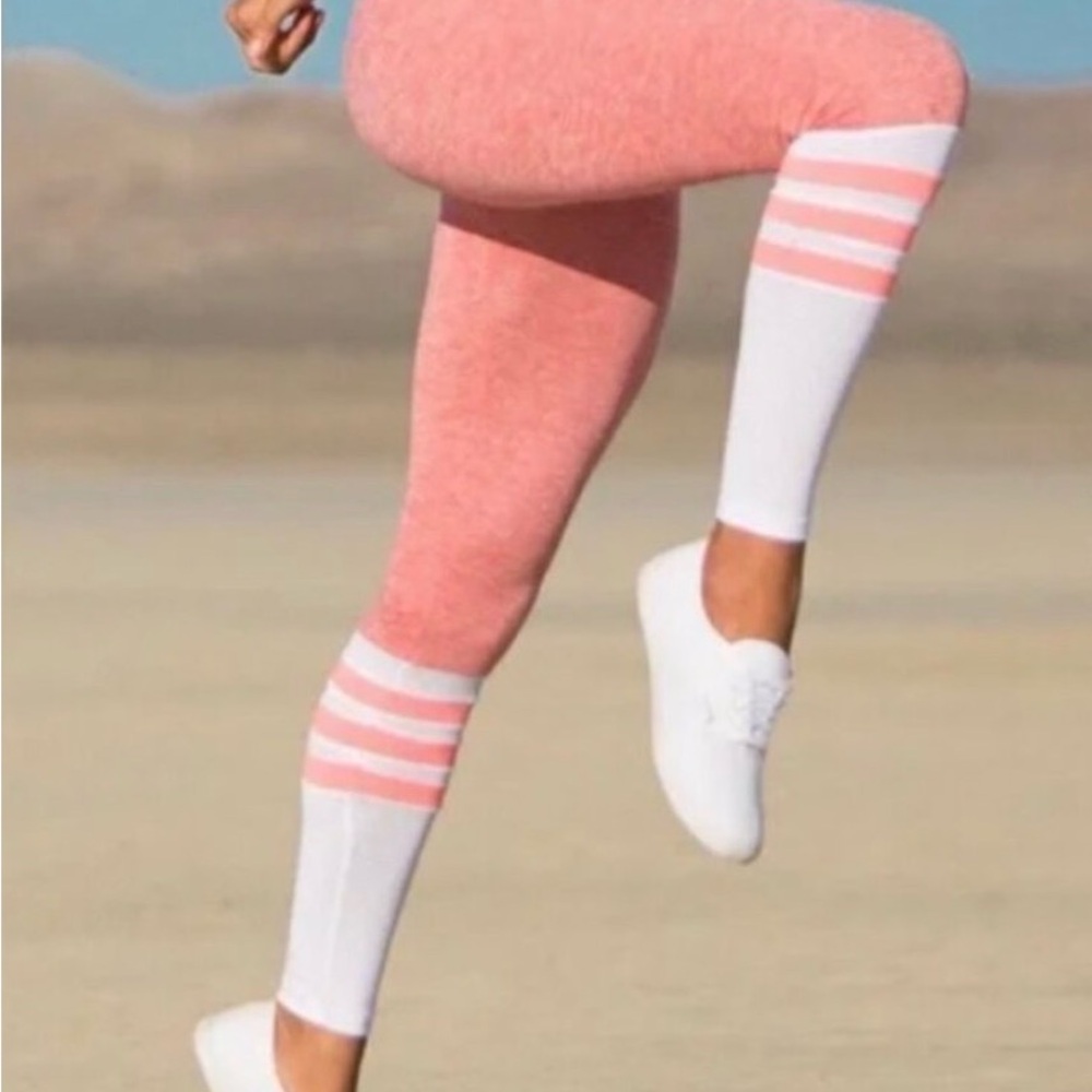 Bombshell Sportswear Coral Pink & White mid waist ankle sock leggings - Picture 2 of 6